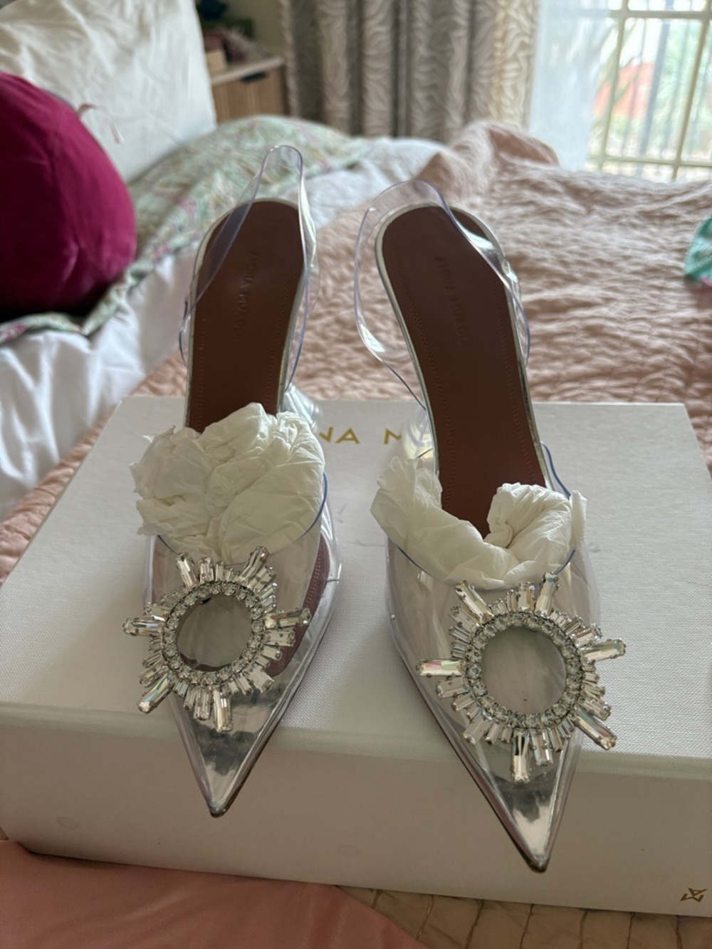 Amina Muaddi Clear PVC Slingback Pumps with Crystal Sunburst